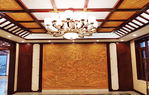 金门中式别墅客厅中式木作横梁吊顶装饰展示